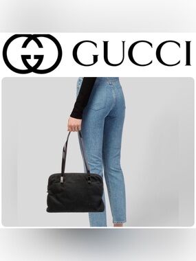 Gucci Vintage Black Nylon & Leather Canvas Shoulder Bag Tote